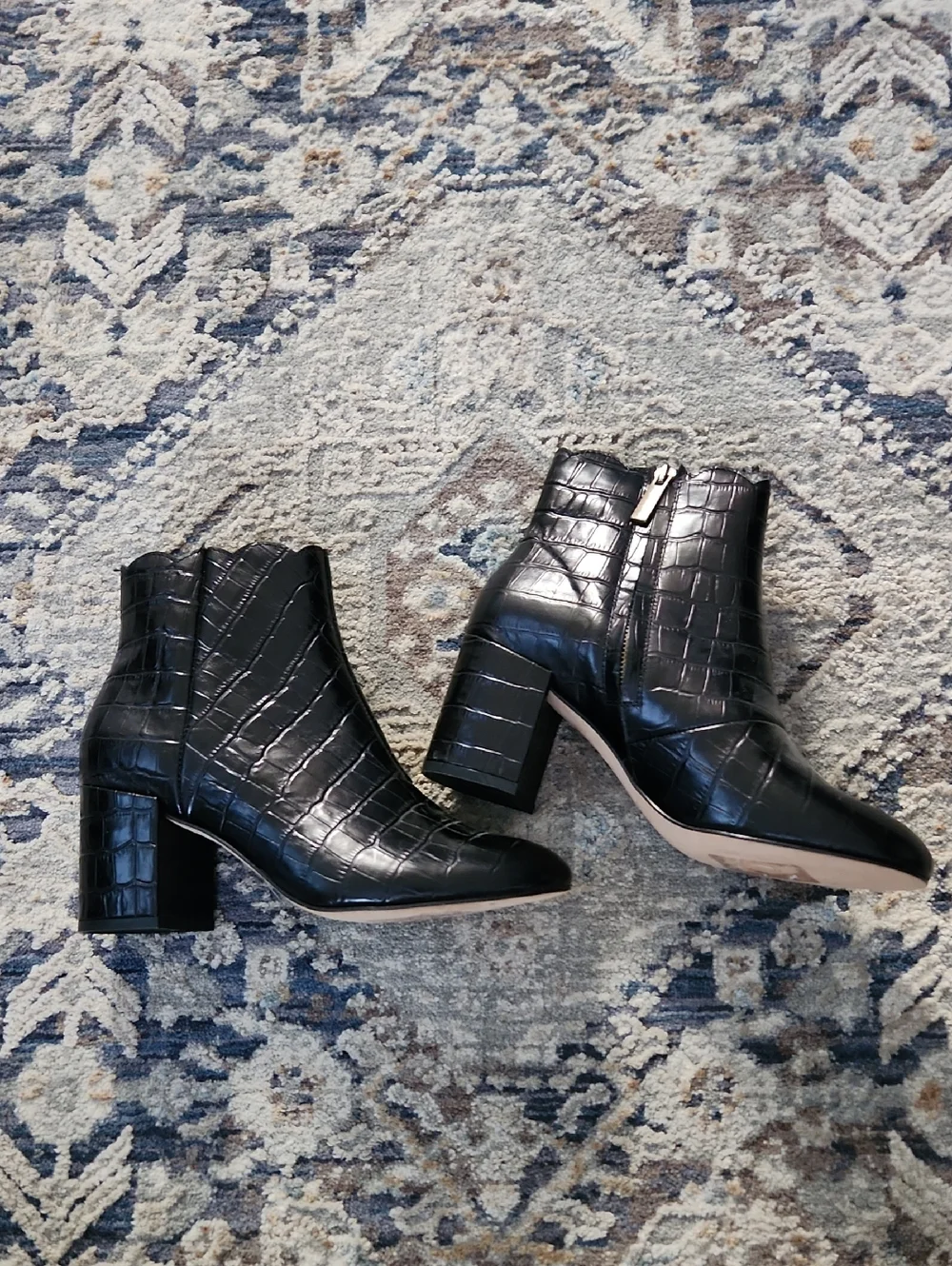 Andre Assous Black Croc-Embossed Ankle Boots Scolloped -Booties